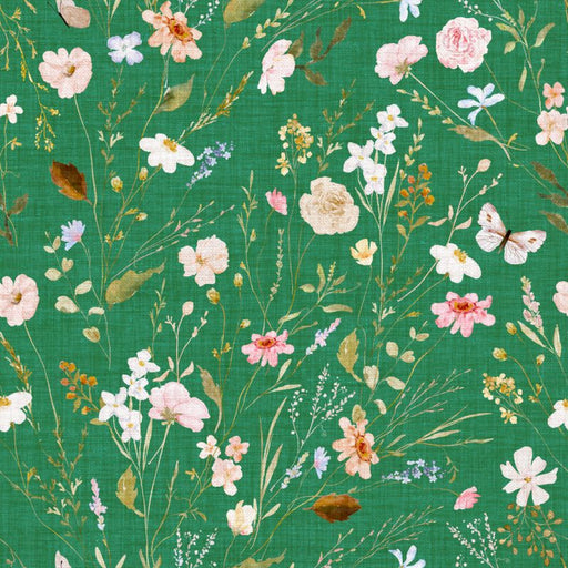 Vintage Floral Fields And Weeds On Emerald Green