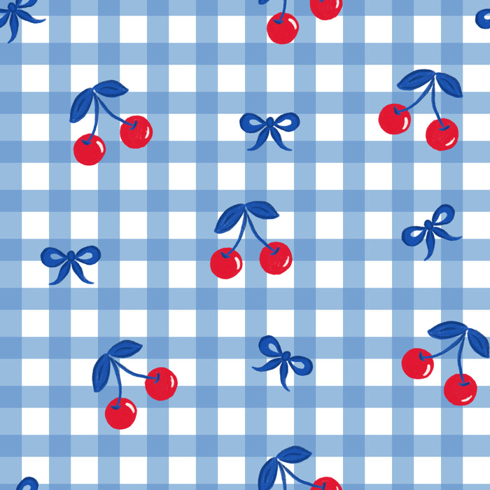 Blue Gingham with Cherries and Bows