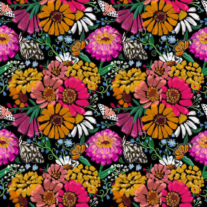 butterfly zinnia garden on black
