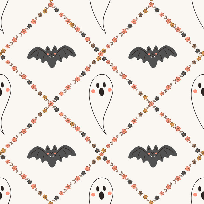 Ditsy Floral Trellis with Ghosts and Bats Orange and White