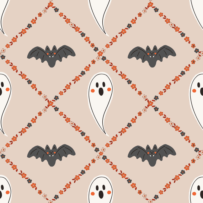 Ditsy Floral Trellis with Ghosts and Bats Taupe and Rust