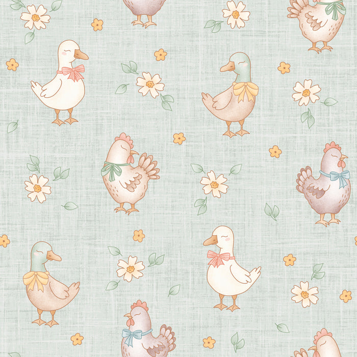 Farmyard Chickens and Ducks Floral Mint