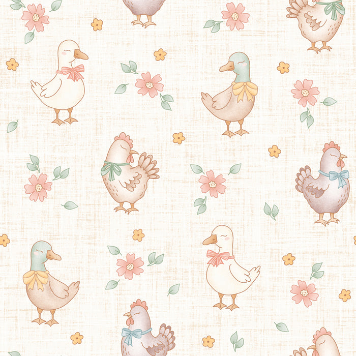 Farmyard Chickens and Ducks Floral White