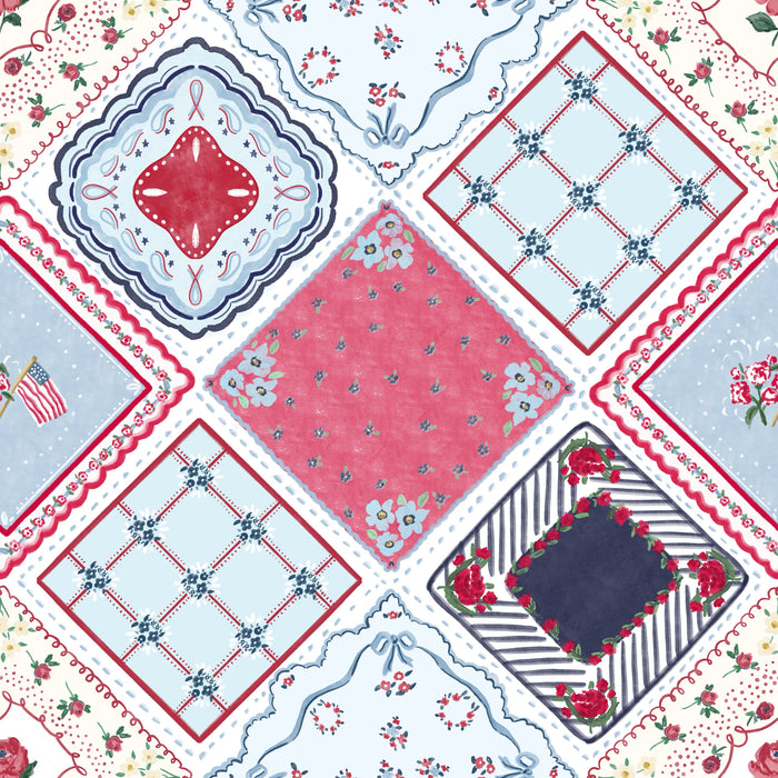 Floral keepsake handkerchief quilt w red plus flag white