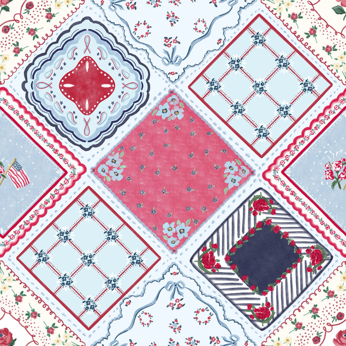 Floral keepsake handkerchief quilt w flag It blue