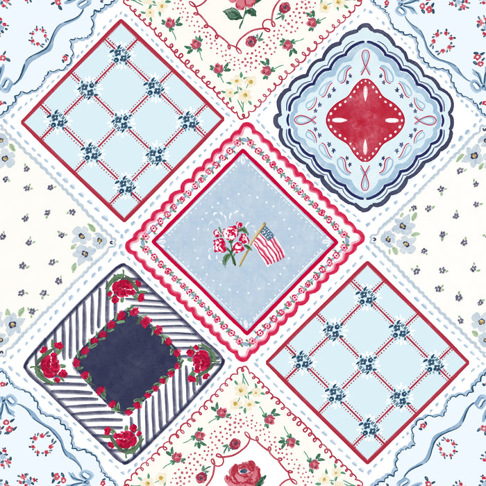 Floral keepsake hankerchief with flag white blue mix hanky