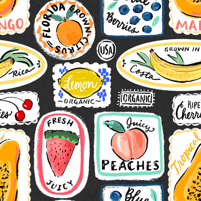 Fruit labels blk textured