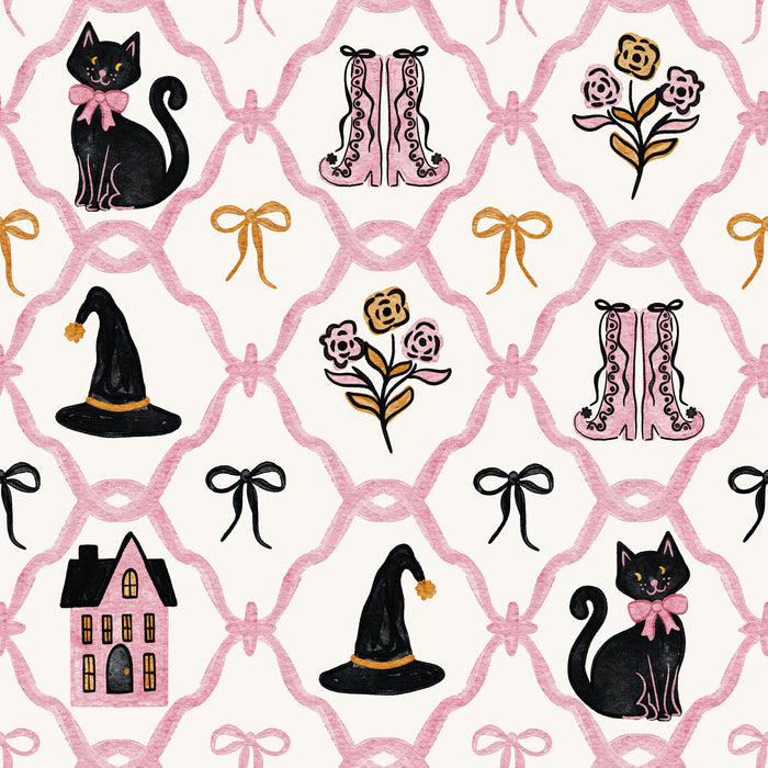 Scalloped Trellis Kitty Halloween Pink and Black on White