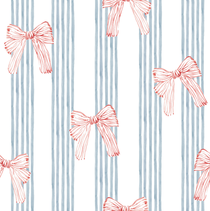 Red Ribbon Bows on Light Blue Pencil Stripes