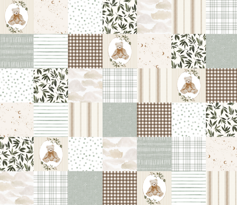 Sage and Neutral Teddy Bear Heirloom Cheater Quilt