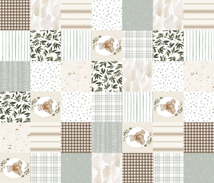 Rotated Sage and Neutral Teddy Bear Heirloom Cheater Quilt