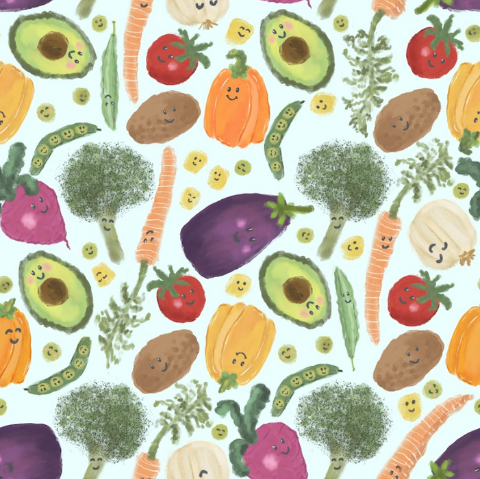 Happy veggies on light blue