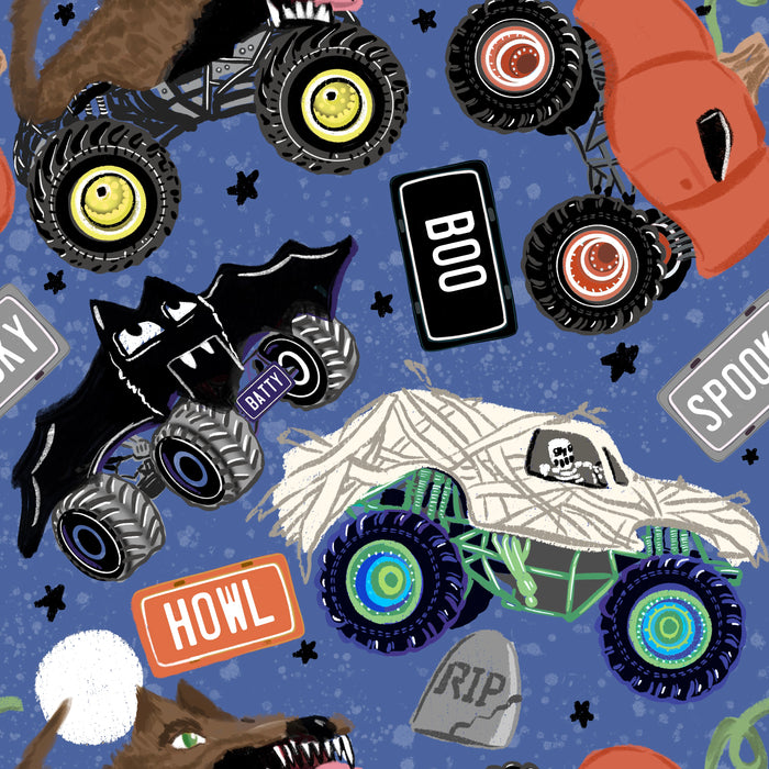 Spooky monster trucks blue