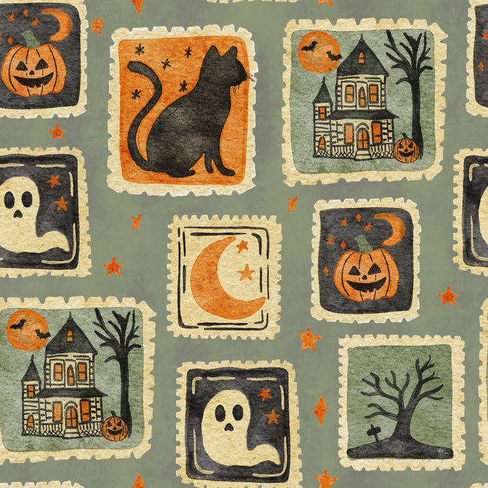 Watercolor Halloween Stamps Green Grunge