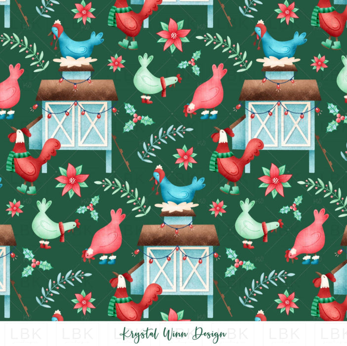 All I Want For Christmas Chickens Green Fabric