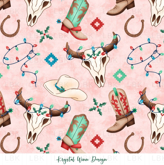 All I Want For Christmas Cowboy Pink Fabric