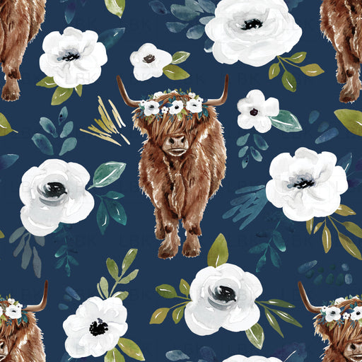 Avaleigh Highland Cow Floral On Navy Blue