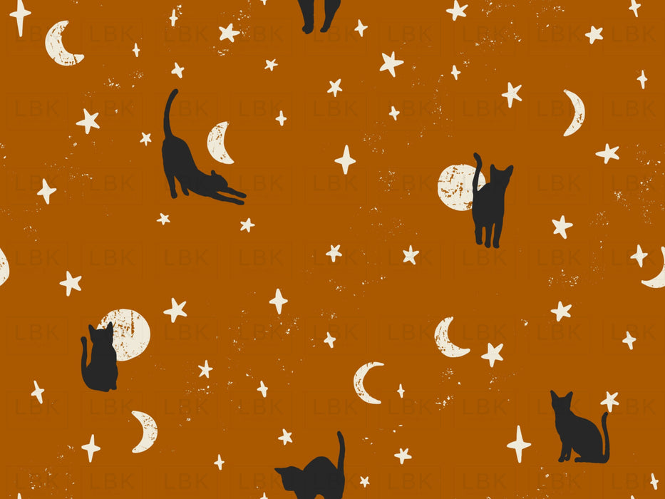 Black Cats Halloween Fabric On Dark Burnt Orange