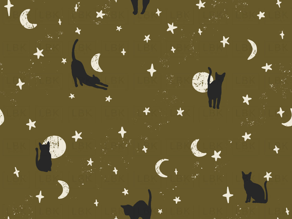 Black Cats Halloween Fabric On Dark Olive