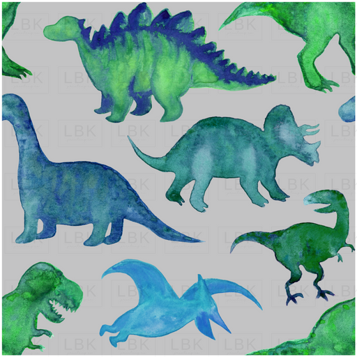 Blue Green Watercolor Dinosaurs On Grey