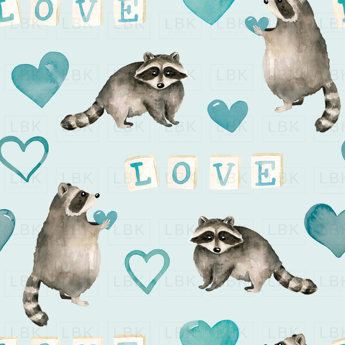 Blue Valentines Watercolor Racoon And Hearts