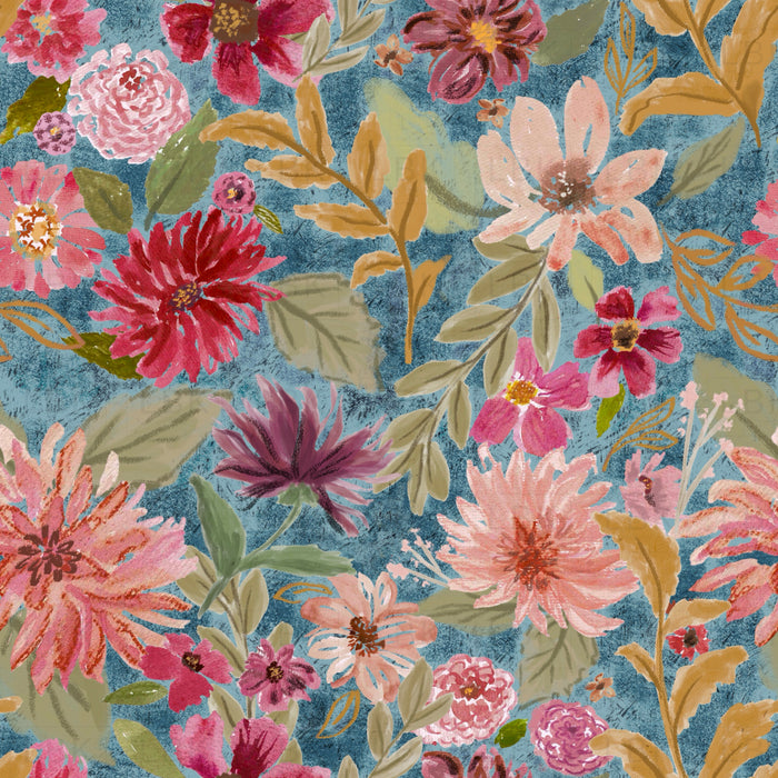 Boho blooms in vintage denim blue