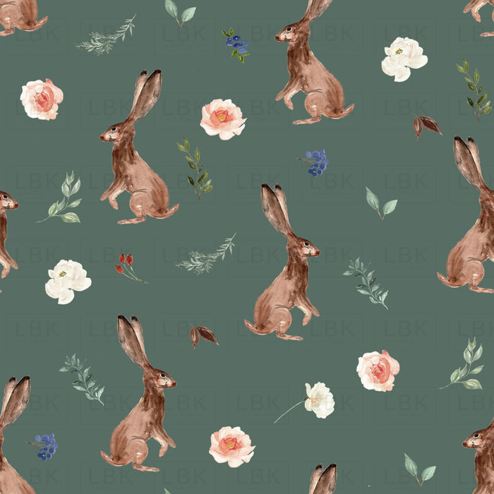 Boho Woodland Bunnies On Corduroy Green