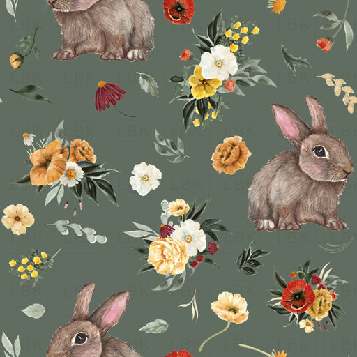 Bunnies And Florals On Willow Green