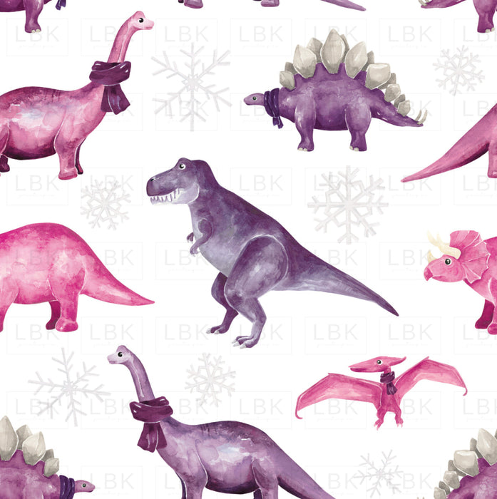 Christmas Dinos Girly White Fabric