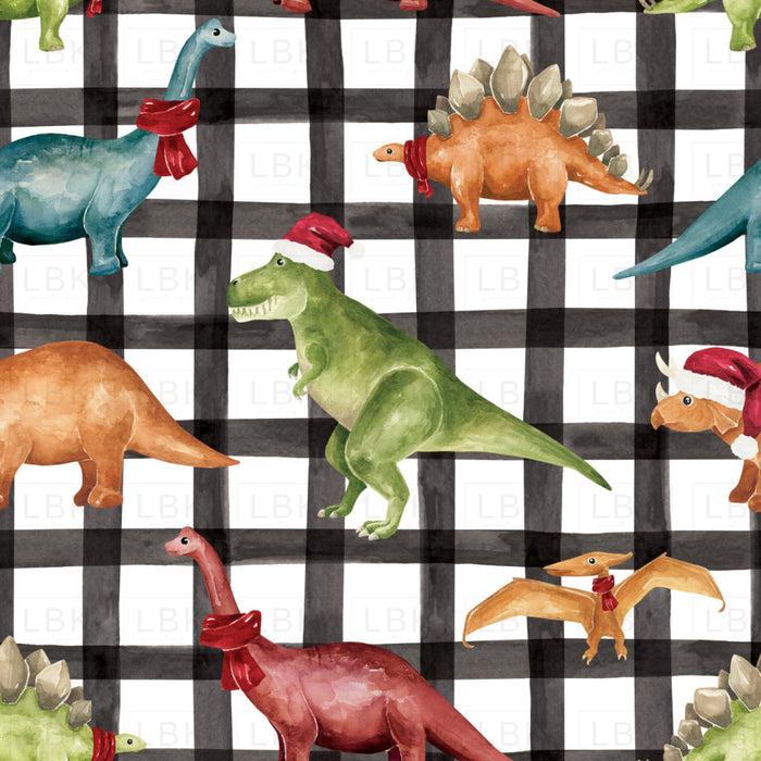 Christmas Dinos Multicolor Plaid Fabric