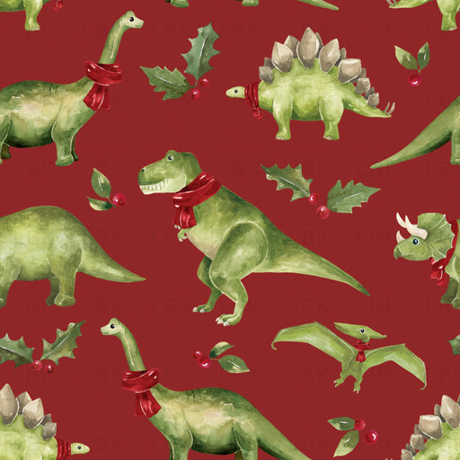Christmas Dinos Winter Green Red Fabric