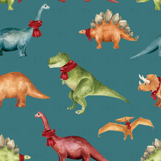 Christmas Dinos Winter Multicolor Blue Fabric