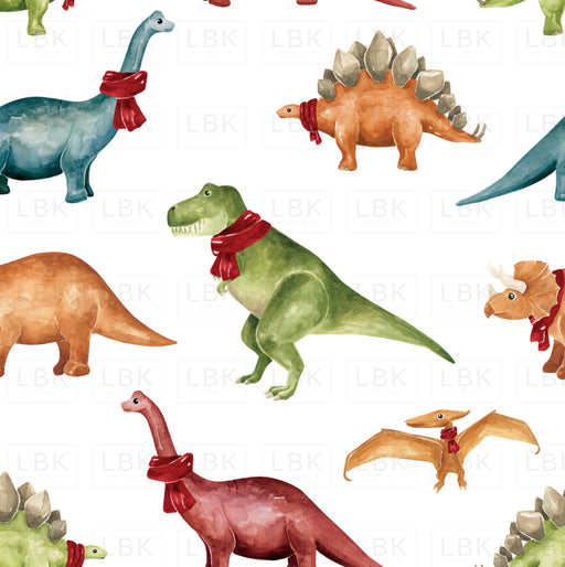 Christmas Dinos Winter Multicolor White Fabric