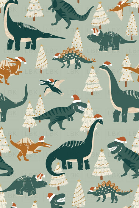 Christmas Dinosaurs In Emerald And Mustard With Santa Hats
