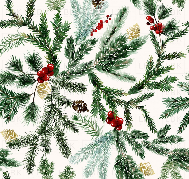 Christmas Pine And Red Berry Garland Foliage On Ecru White