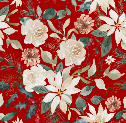Christmas Poinsettia Pine And Berry On Red