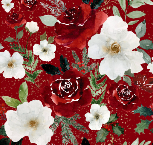 Christmas Roses And Florals On Red