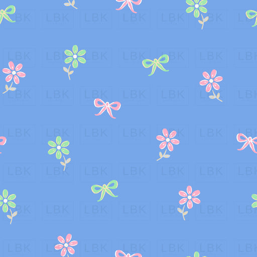 Daisies And Bows Pink Green On Blue