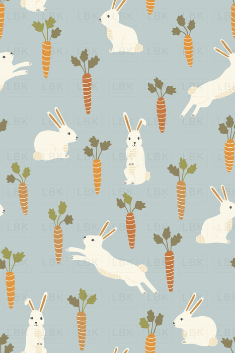 Easter Bunnies And Carrots On Light Blue