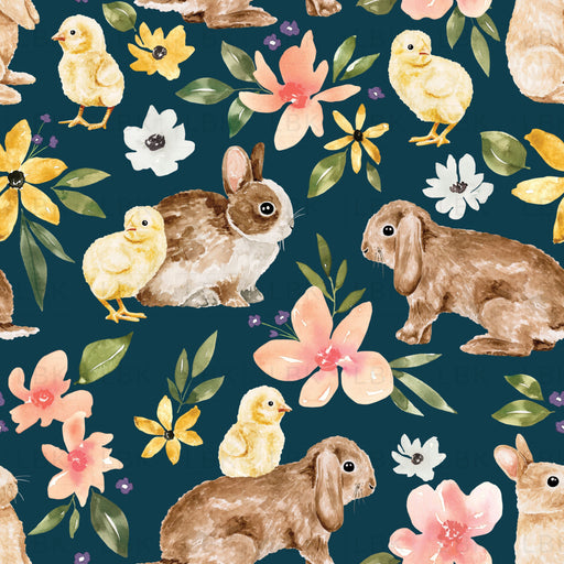 Floral Easter Bunnies And Chicks On Navy Blue