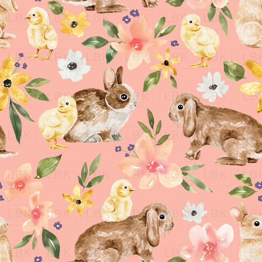 Floral Easter Bunnies And Chicks On Pink