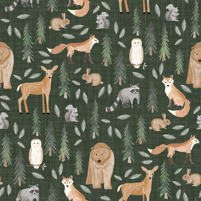 Forest Woodland Animals-Dark Green Linen