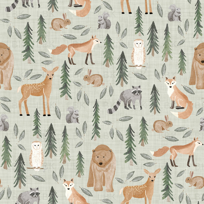 Forest Woodland Animals- Light Green Linen