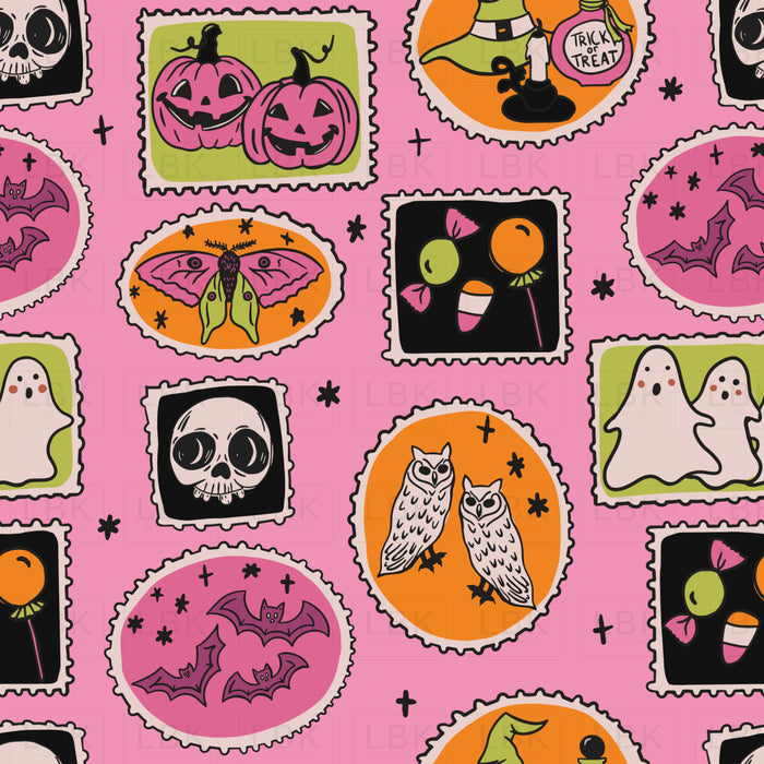 Halloween Stamps Pink Orange Green on Pink