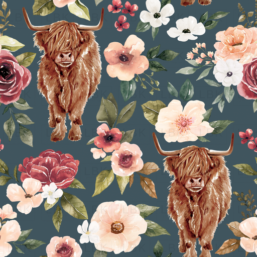 Highland Cow Floral Night Blue