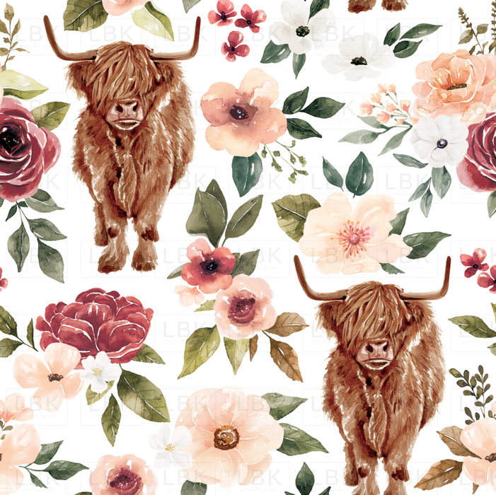 Highland Cow Floral White