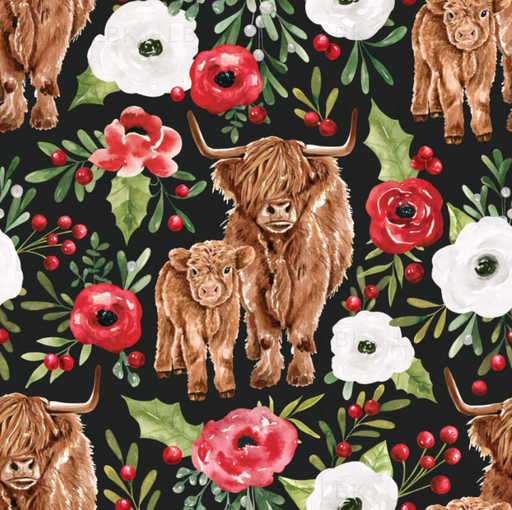 Holly And Pine Highland Cows Floral Black