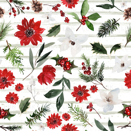 Jolly Christmas Florals On Minty Sage Stripes