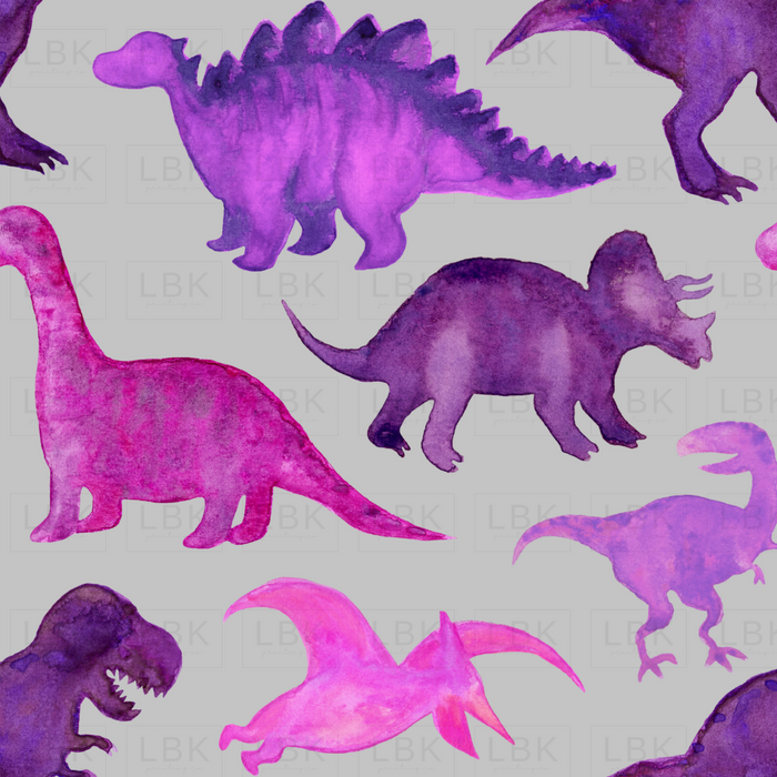 Pink Purple Watercolor Dinosaurs On Grey