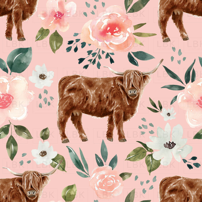 Pink Vintage Spring Highland Cow Floral